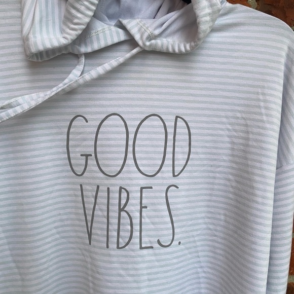 Rae Dunn Womens Small Good Vibes White Mint Striped Boxy Pullover Hoodie Sweater - Picture 2 of 8